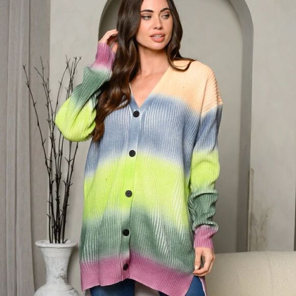 NEW! Women's Long Sleeve Color Block Ombre Long Button Cardigan Sweater Boho - Picture 2 of 4